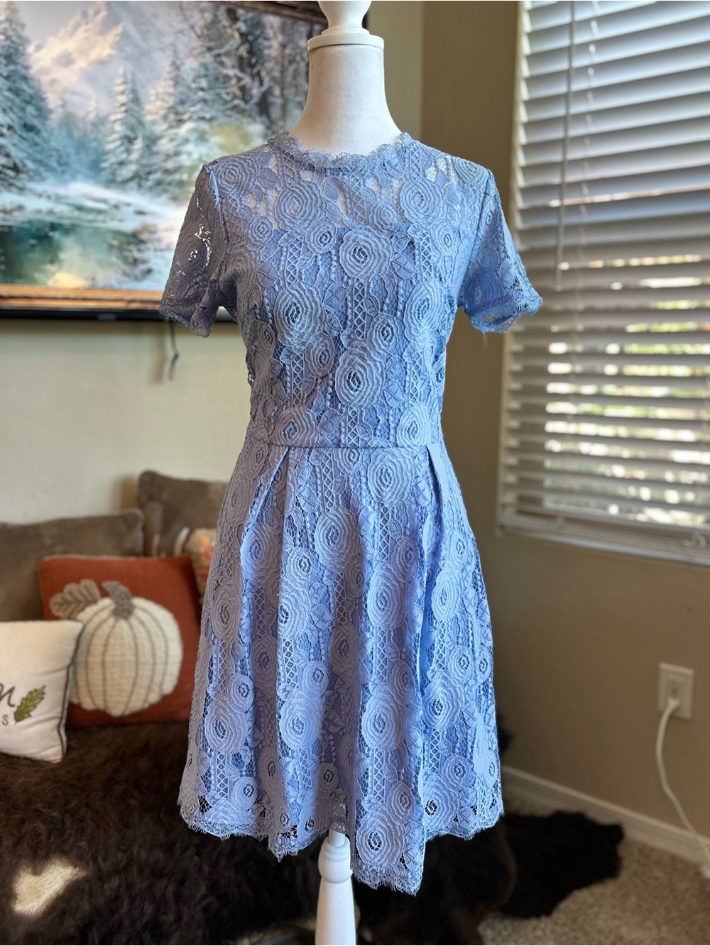 Francesca's Collections Lavender Lace Short-Sleeve Dress